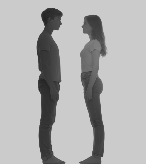 Silhouette de deux jeunes, un garçon et une fille se faisant face